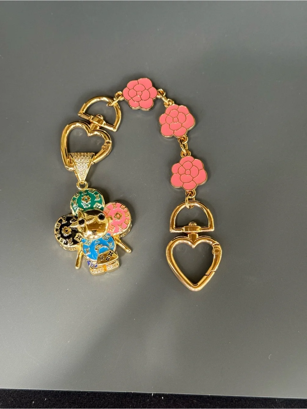 NWOT Gold Monogram Multicolor Mascot Bag Charm Extender Pink Camellia Key chain